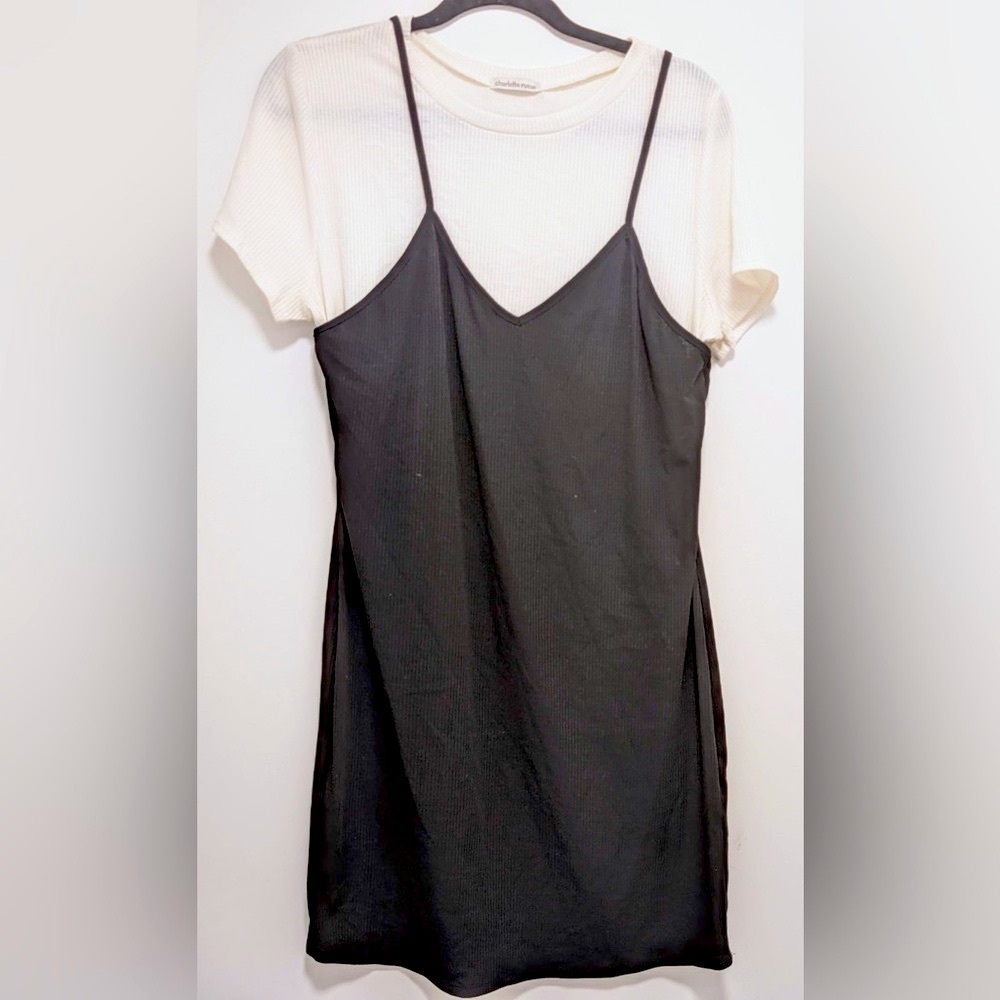 Black Slip Dress with Cream Tee Layered Set